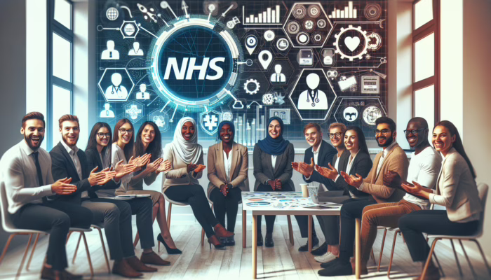 Diverse entrepreneurs in a UK office discussing healthcare startup funding, with charts and NHS logos on screen.