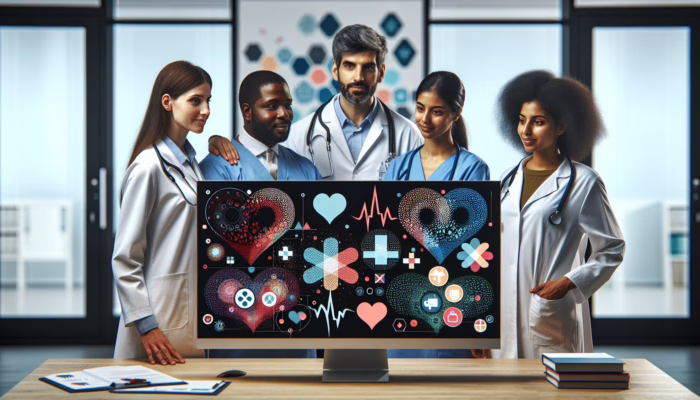 A diverse group of healthcare professionals in a modern UK clinic, collaborating over digital data to improve mental health in underserved communities.