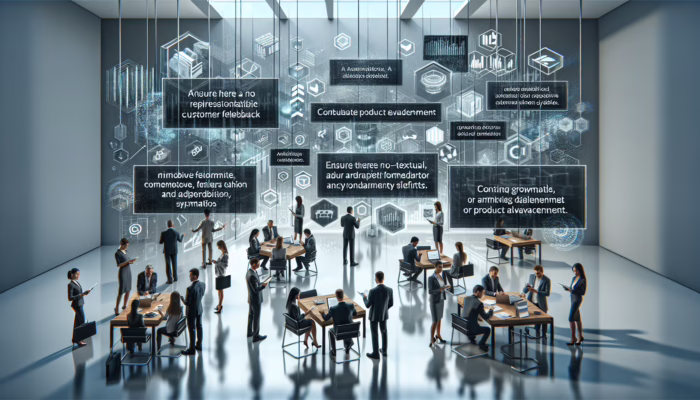 Diverse professionals analyzing customer feedback on digital screens in a modern, tech-savvy business setting.