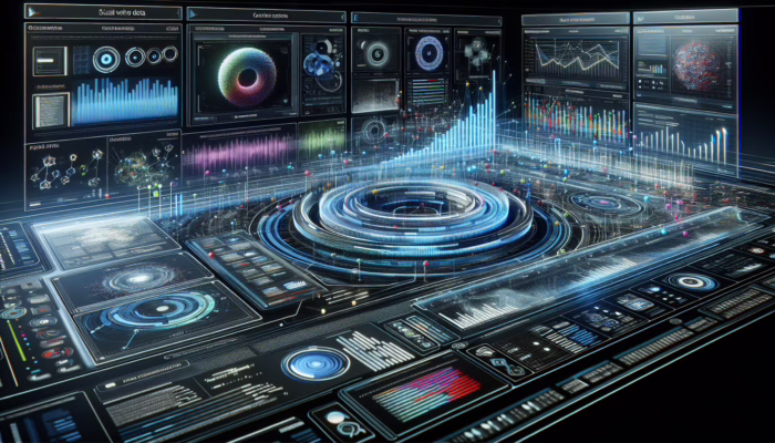 A futuristic dashboard showing graphs and charts analyzing big data from social media and online surveys.
