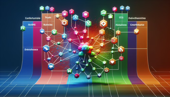 Diagram of NHS structure showcasing colourful nodes representing opportunities for innovative startups in the UK.