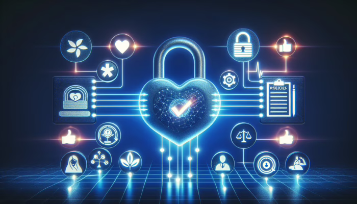 A secure digital interface showing patient consent forms, encrypted health data, and compliance policies in healthcare.