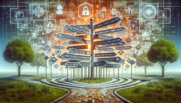 A digital crossroads with signs for Regulatory and HIPAA Compliance, surrounded by data protection and healthcare ethics symbols.