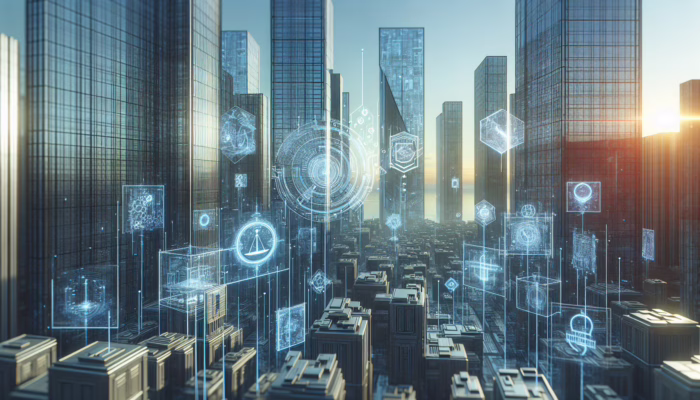 A futuristic cityscape with holographic laws floating between glass buildings, symbolising regulatory compliance.