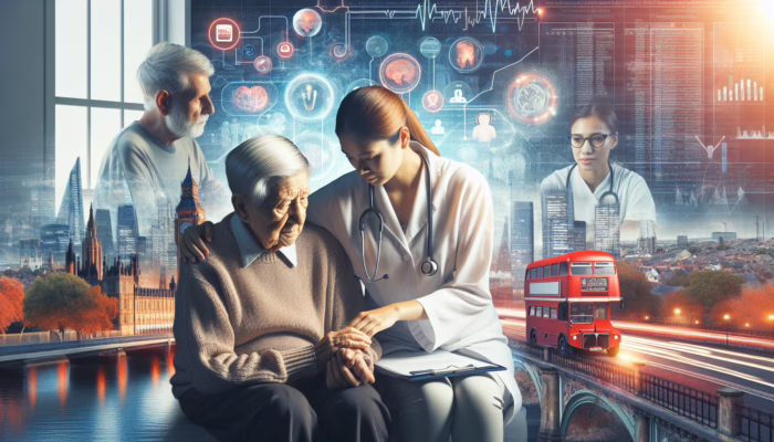 An elderly couple receiving home care and mental health support in a bustling UK city.