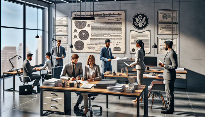 Diverse team in modern office finalizing healthcare service legal documents, registration certificate on wall.