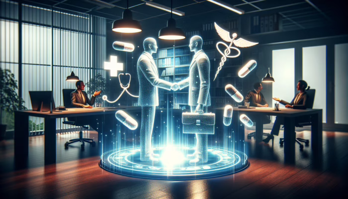 A person in a suit shaking hands with a government official, surrounded by medical symbols and documents in an office.
