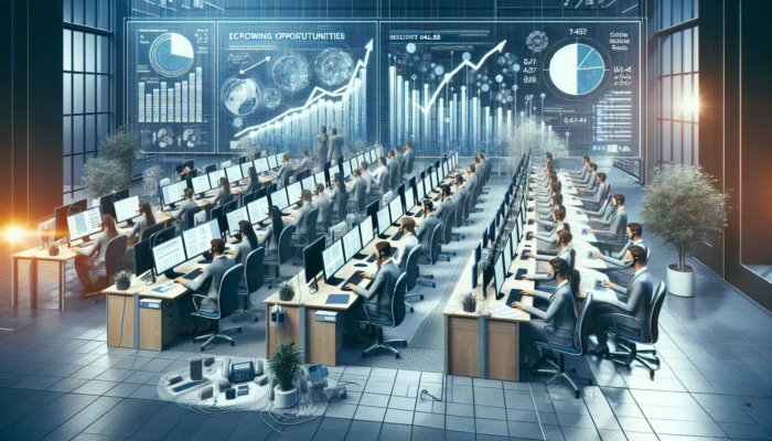 Agents in a call center scheduling appointments, using technology, with charts showing sales growth and happy clients.