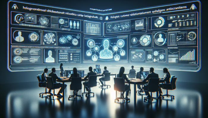Agents in a futuristic outbound call center using holographic CRM and AI analytics for tailored telesales.