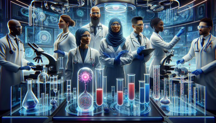 Collaboration in modern lab between healthcare professionals and researchers from Oxford, UCL, and Imperial College with advanced technology.