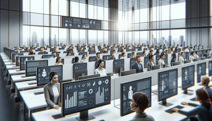A busy call center with agents using headsets, modern tech, and city skyline view.