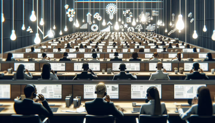 A bustling call center with agents on phones, generating leads and converting prospects into loyal customers.