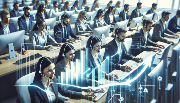 A modern call center with diverse agents using advanced technology for efficient, cost-effective telesales, with dynamic graphs in the background.
